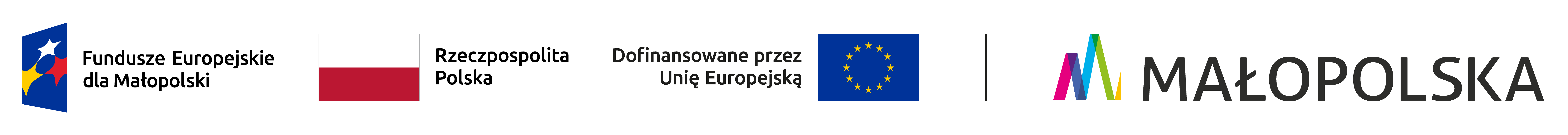 Zestawienie logotypów zawierające od lewej: znak Funduszy Europejskich z podpisem Fundusze Europejskie dla Małopolski, flaga Rzeczypospolitej Polskiej, flaga Unii Europejskiej z podpisem dofinansowane przez Unię Europejską oraz logotyp Województwa Małopolskiego.